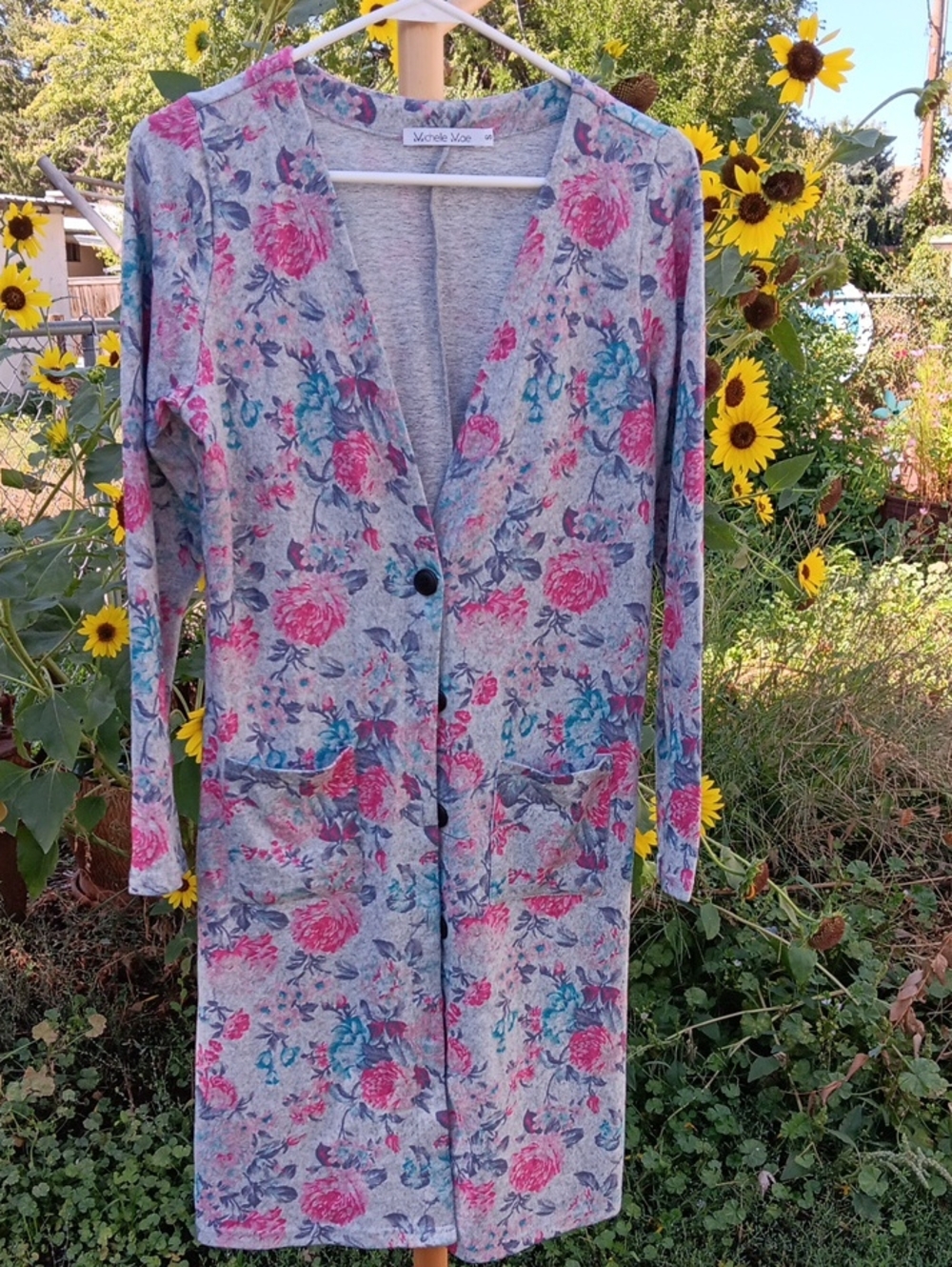 Michelle Mae Gray Floral Knit Cardigan with Pink Accents